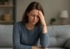 Benessere mentale al rientro dalle vacanze: strategie contro lo stress da rientro Donna giovane con espressione stressata e mano alla testa seduta sul divano, rappresentazione di ansia e stress da rientro post vacanze e burnout lavorativo