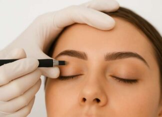 Microblading controindicazioni: quando è meglio evitare il trattamento Primo piano di una seduta di microblading, con una professionista che utilizza uno strumento manuale per definire le sopracciglia di una donna con precisione.