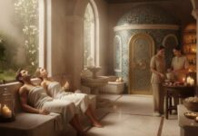 Spa e Hammam a Roma: relax, rituali e benessere per la coppia Coppia che si rilassa avvolta in asciugamani in un lussuoso Hammam a Roma. L'ambiente presenta marmi chiari, archi eleganti, candele, e dettagli in stile Moresco/Orientale, suggerendo un'oasi di pace nel contesto cittadino romano.