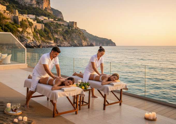massaggio relax di coppia in terrazza con vista sul mare calabrese