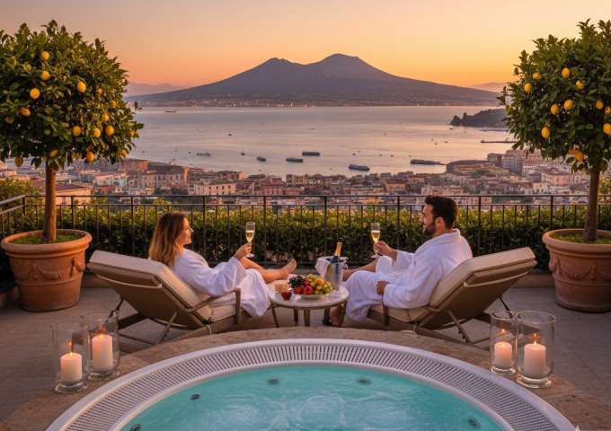 SPA di lusso con piscina interna, jacuzzi in legno e vista panoramica sul golfo di napoli al tramonto