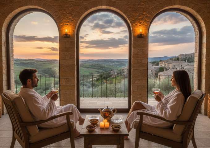 coppia che beve una tisana in spa con vista sulla campagna del molise