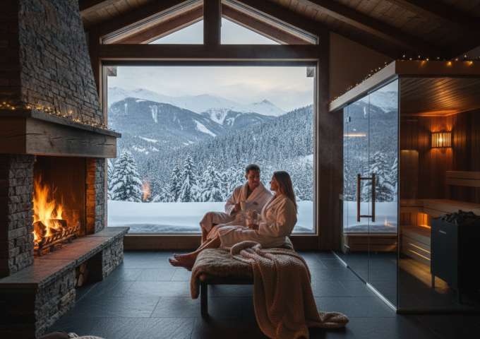SPA di coppia in Piemonte con camino acceso, idromassaggio in legno e vista sulle Alpi innevate