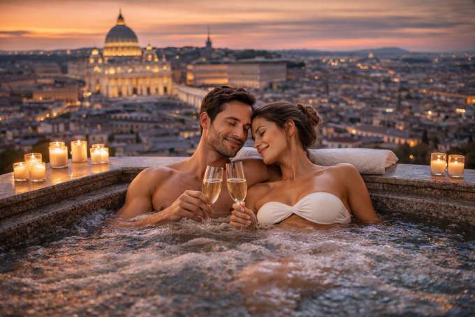 Spa di coppia a Roma con jacuzzi panoramica e vista su San Pietro al tramonto