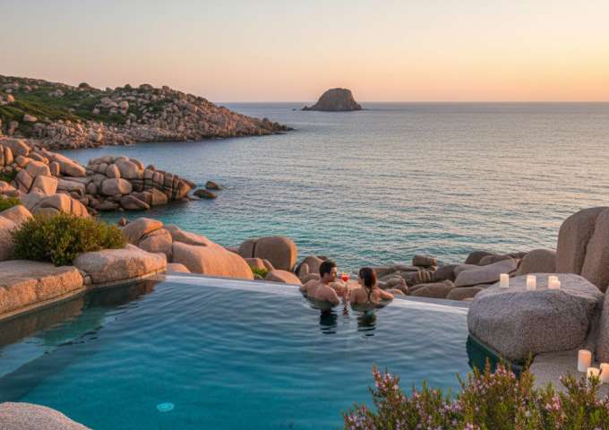 SPA di coppia in Sardegna con piscina a sfioro vista mare smeraldo e rocce di granito