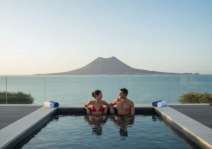 Coppia si rilassa in piscina vista vulcano etna in spa siciliana