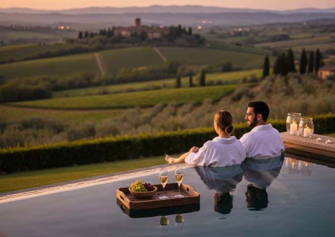 SPA di coppia in Toscana con piscina termale interna e vista sulle colline al tramonto