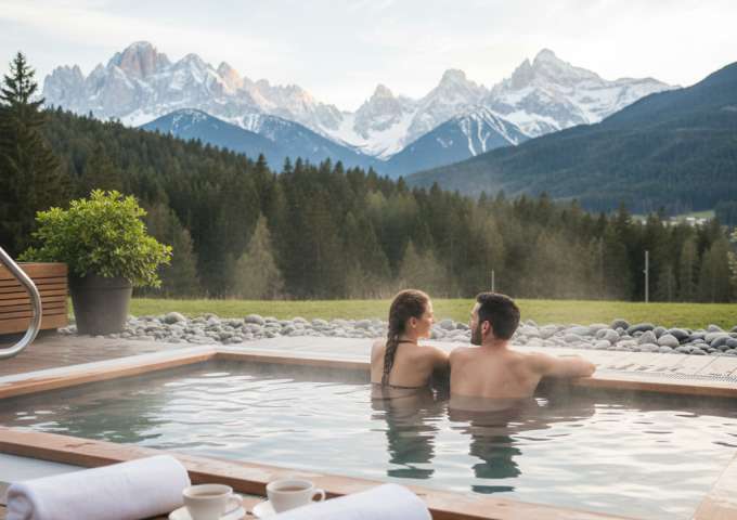 coppia che si rilassa nella piscina di una spa in trentino alto adige
