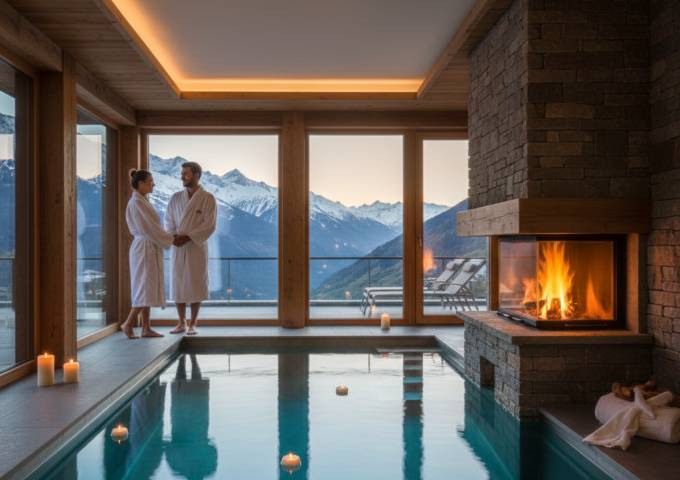 Interno di una SPA alpina, con piscina riscaldata e vista su montagne innevate o un camino acceso, una coppia rilassata in accappatoio.