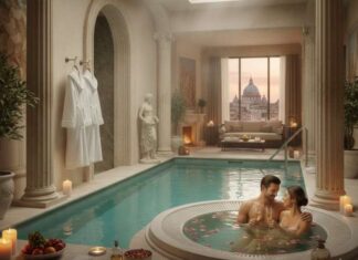 Spa a Roma per coppie: relax, romanticismo e benessere nella Capitale Coppia che brinda in una lussuosa vasca idromassaggio in una spa a tema romano con piscina interna e vista su San Pietro a Roma al tramonto.