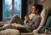 Una donna seduta a letto la mattina presto che cerca di rilassarsi con una tazza di tisana e un libro, circondata da elementi che favoriscono il benessere e il recupero naturale dallo stress.