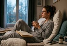 Una donna seduta a letto la mattina presto che cerca di rilassarsi con una tazza di tisana e un libro, circondata da elementi che favoriscono il benessere e il recupero naturale dallo stress.