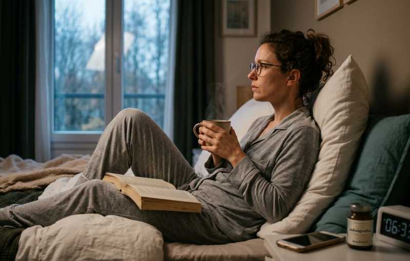 Una donna seduta a letto la mattina presto che cerca di rilassarsi con una tazza di tisana e un libro, circondata da elementi che favoriscono il benessere e il recupero naturale dallo stress.
