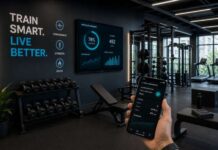 Palestra moderna con attrezzature fitness, monitor digitali e applicazione per il monitoraggio degli allenamenti, simbolo dell'evoluzione del mercato fitness e dei nuovi format di palestra.