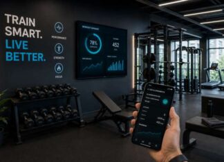 Fitness e nuove aperture: perché le palestre cambiano modello Palestra moderna con attrezzature fitness, monitor digitali e applicazione per il monitoraggio degli allenamenti, simbolo dell'evoluzione del mercato fitness e dei nuovi format di palestra.
