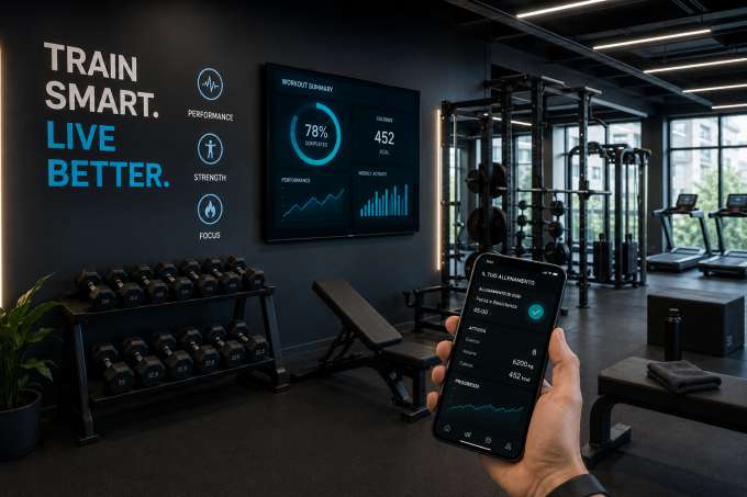 Palestra moderna con attrezzature fitness, monitor digitali e applicazione per il monitoraggio degli allenamenti, simbolo dell'evoluzione del mercato fitness e dei nuovi format di palestra.