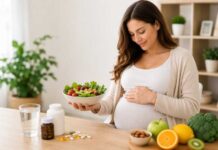 Donna in gravidanza con alimentazione sana e integratori, simbolo del supporto nutrizionale per la salute di mamma e bambino durante la gravidanza