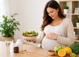 Donna in gravidanza con alimentazione sana e integratori, simbolo del supporto nutrizionale per la salute di mamma e bambino durante la gravidanza