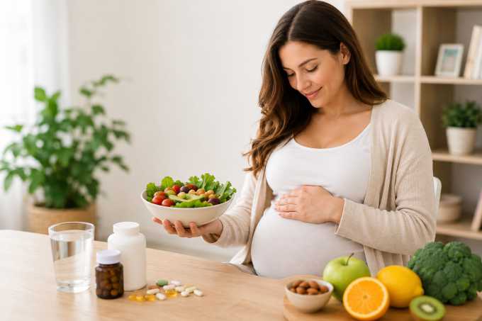 Donna in gravidanza con alimentazione sana e integratori, simbolo del supporto nutrizionale per la salute di mamma e bambino durante la gravidanza